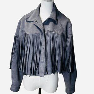 Western  Fringe Jacket Snap button Faux Suede